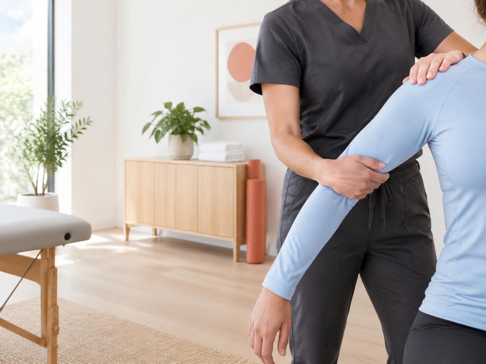 Therapeutische Schulterbehandlung in einer hellen Praxis
